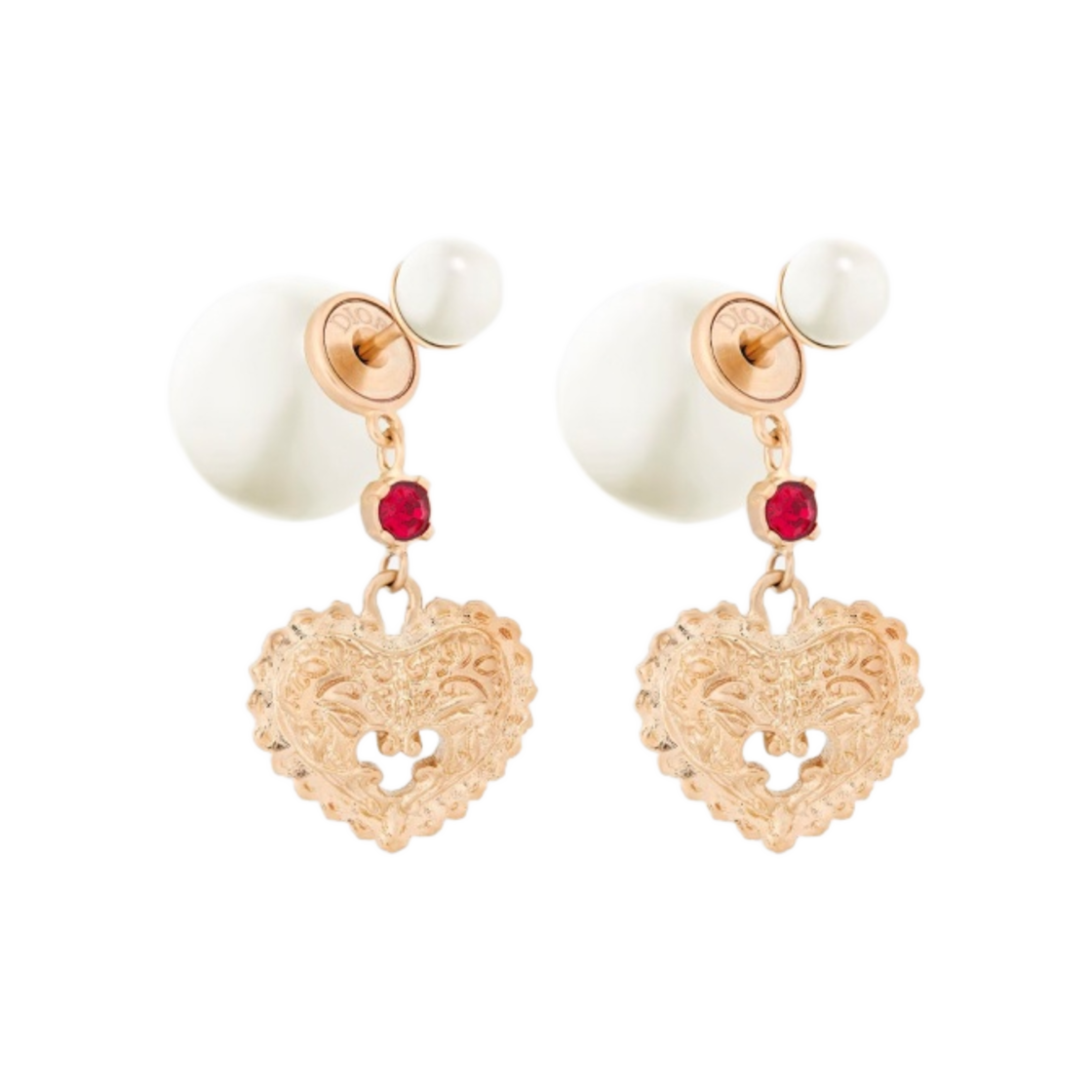 (W) 디올 트리발 이어링 골드 피니쉬 메탈 화이트 레진 펄 레드 크리스탈((W) Dior Tribales Earrings Gold Finish Metal White Resin Pearls Red Crystals) - 1