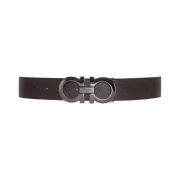 Ferragamo Reversible and Adjustable Hammered Calfskin Leather Gancini Belt Black Testa Di Moro