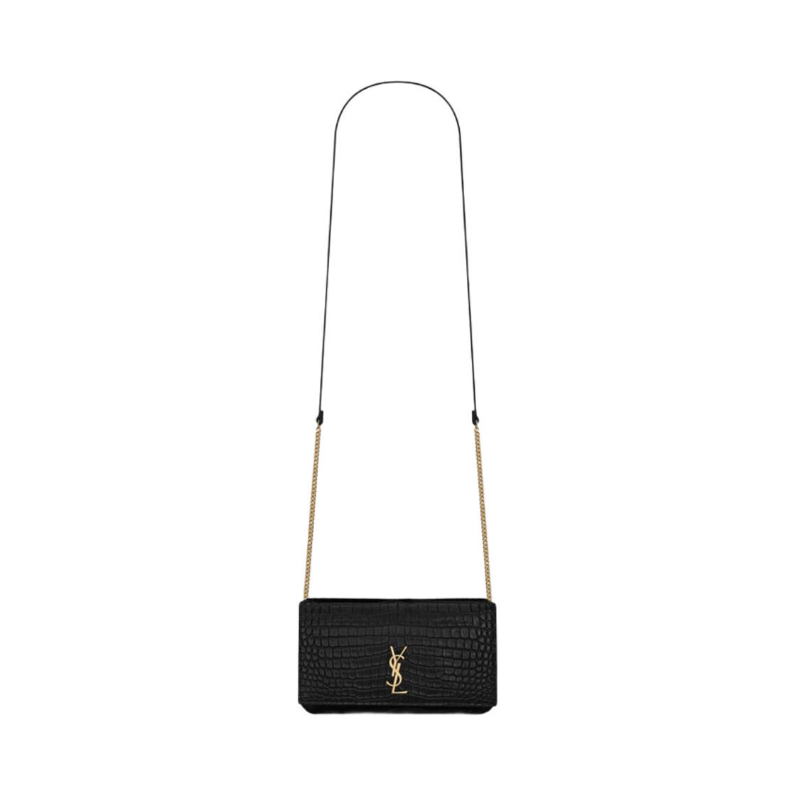 635095-DND1J-1000 Saint Laurent Cassandre Phone Holder With Strap in Shiny Crocodile-Embossed Leather Black