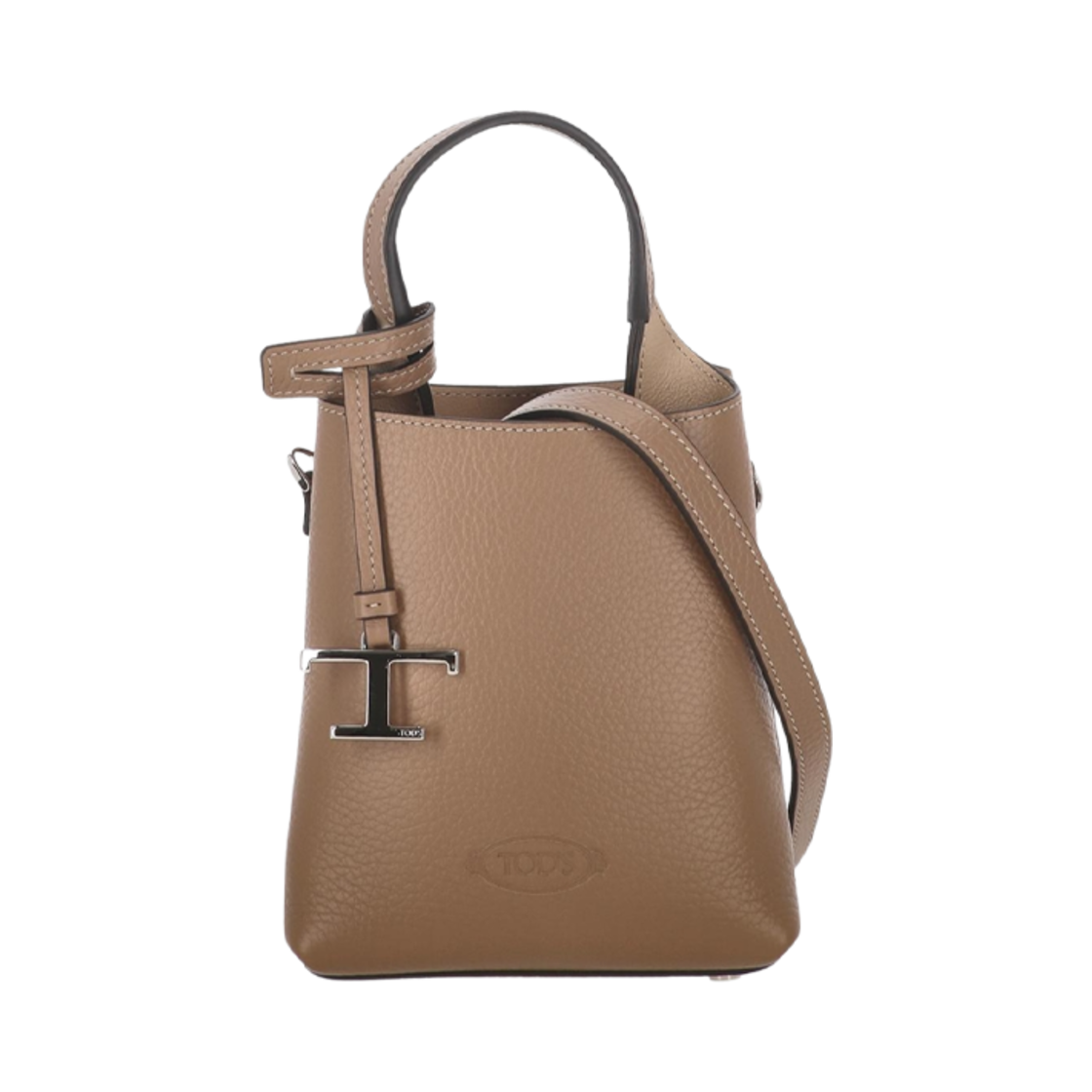 XBWAPAT9000QRI2L64 Tod's Logo Hammered Leather Mini Tote Bag Brown Natural