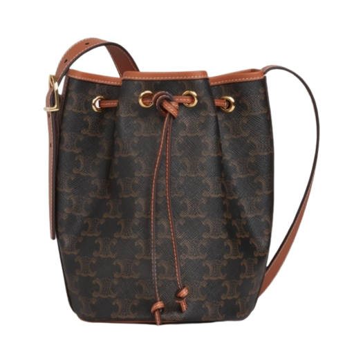 Celine Small Drawstring Bag in Triomphe Canvas and Calfskin Tan