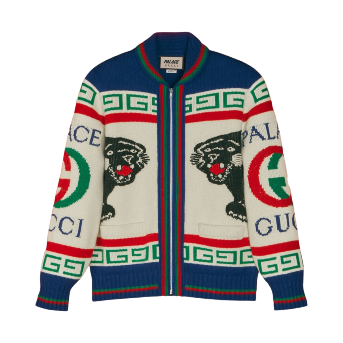 팔라스 x 구찌 로고 울 자카드 니트 봄버 아이보리 라이트 블루 - 22FW(Palace x Gucci Wool Jacquard Knit Bomber with Logo Ivory Light Blue - 22FW) - 1