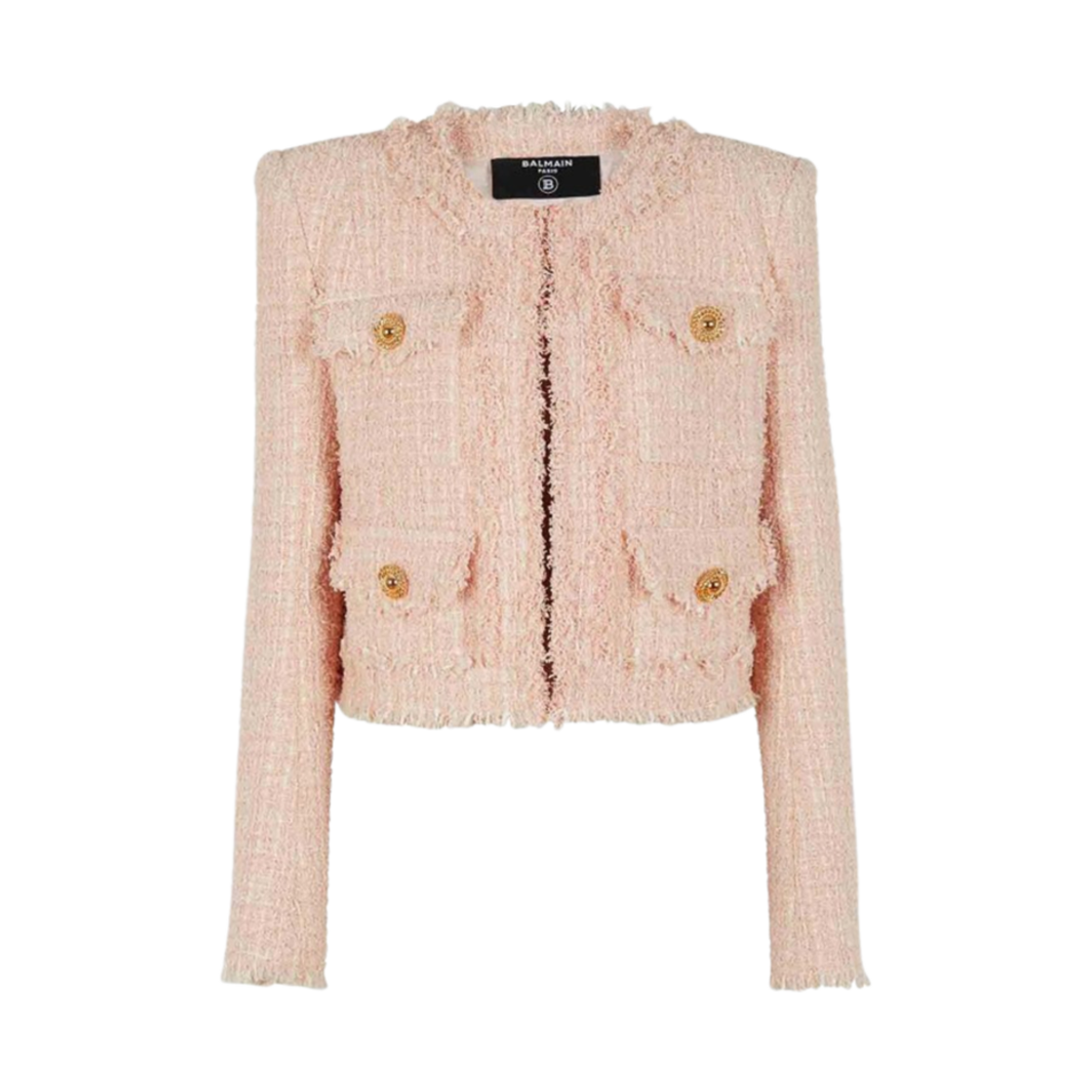 (W) 발망 롱슬리브 버튼 트위드 카라리스 크롭 자켓 라이트 핑크((W) Balmain Long Sleeve Button Tweed Collarless Crop Jacket Light Pink)