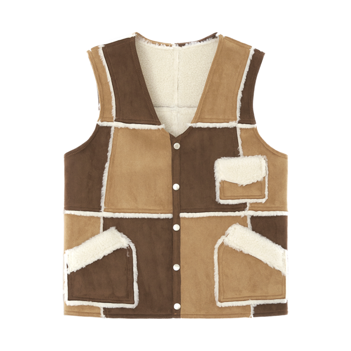 (W) 졸리레이드 수키 패치워크 쉽스킨 베스트 브라운((W) Jolielaide Suki Patchwork Sheepskin Vest Brown)
