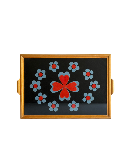 1960’s germany flower glass wood tray colorhouse 1960's Germany Flower Glass Wood Tray