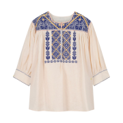 Green Butter Women Bohemian Needlework Linen Blouse Blue