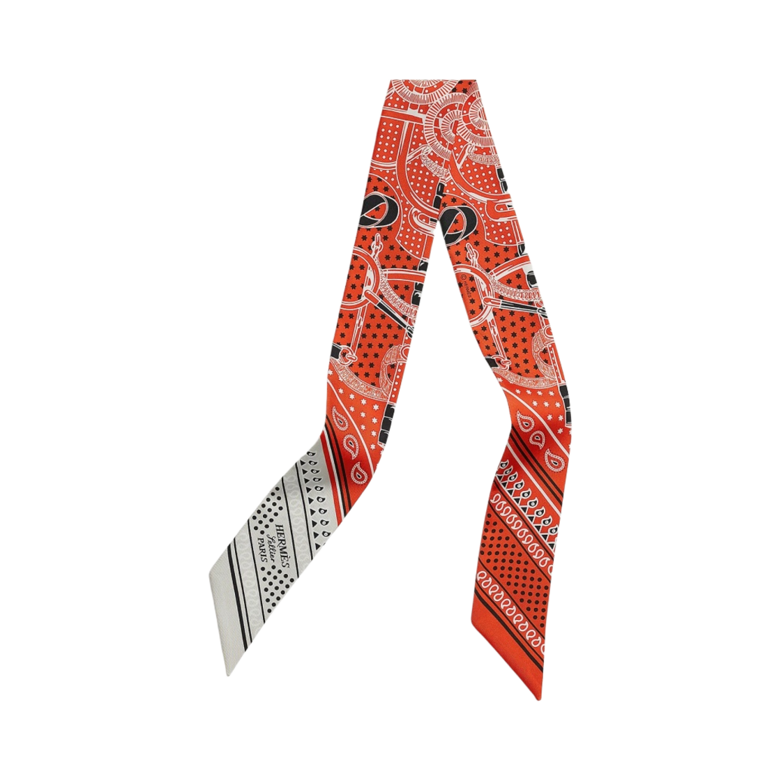 H062978S05 (W) Hermes Eperon d'Or Bandana Twilly Vermillon Gris Perle Blanc