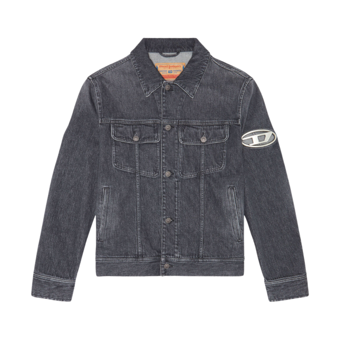디젤 D-바르시-Fsc 레귤러핏 데님 자켓 플라크 블랙 다크 그레이(Diesel D-Barcy-Fsc Regular-Fit Denim Jacket with Plaque Black Dark Grey)