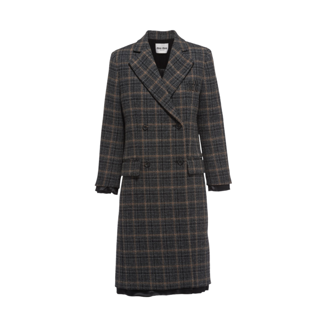 (W) 미우 미우 더블 브레스티드 플래드 코트 에보니((W) Miu Miu Double Breasted Plaid Coat Ebony) - 1