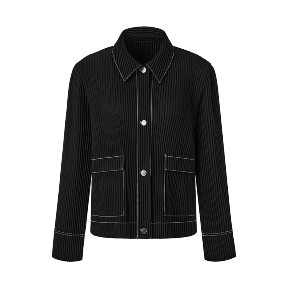 WJA1CBK Monplisse Women Denim Stitch Collar Pleats Jacket Black