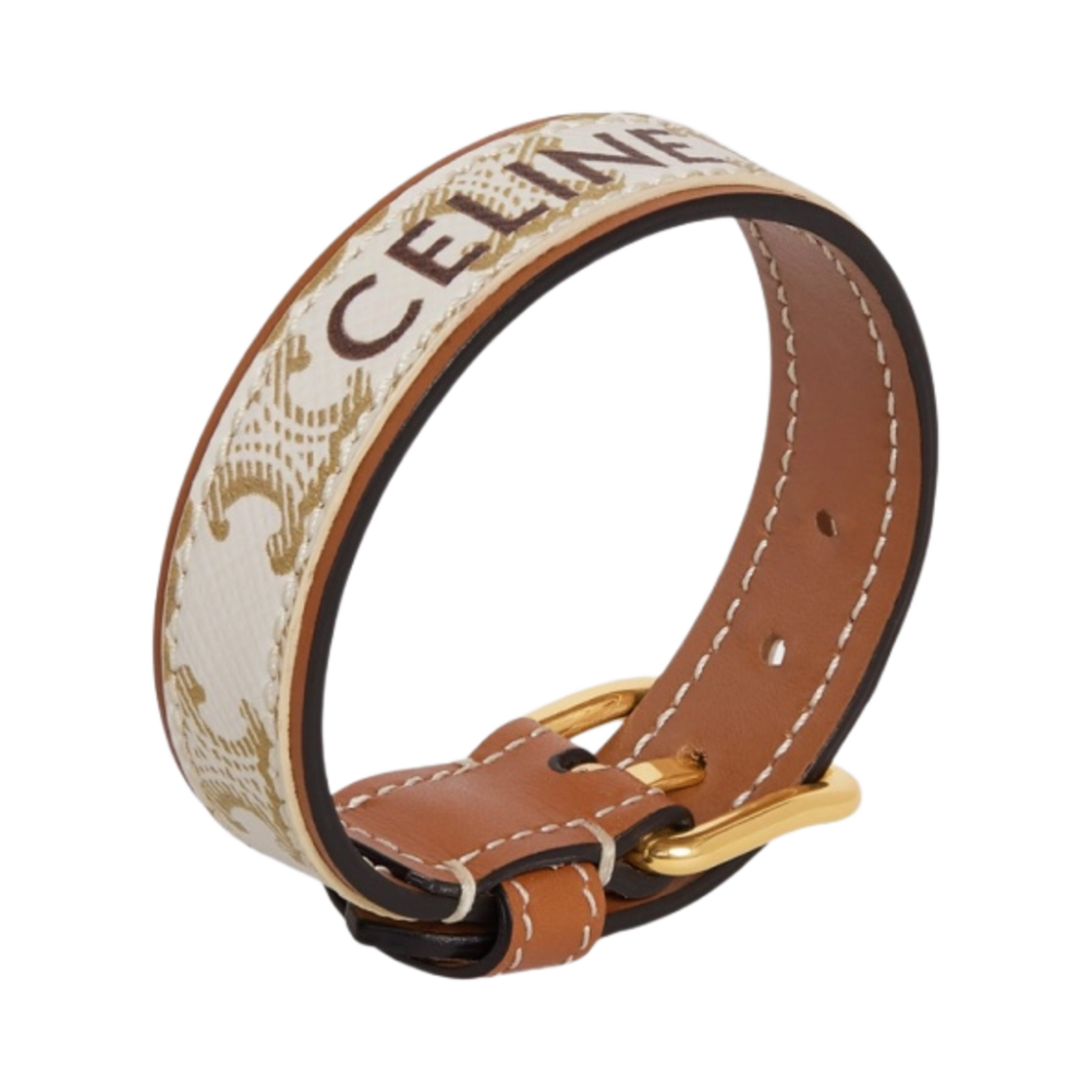 (W) 셀린느 브래스 골드 피니시 트리옹프 캔버스 레더 브레이슬릿 골드 화이트((W) Celine Triomphe Canvas Leather Bracelet in Brass with Finish Gold White) - 2
