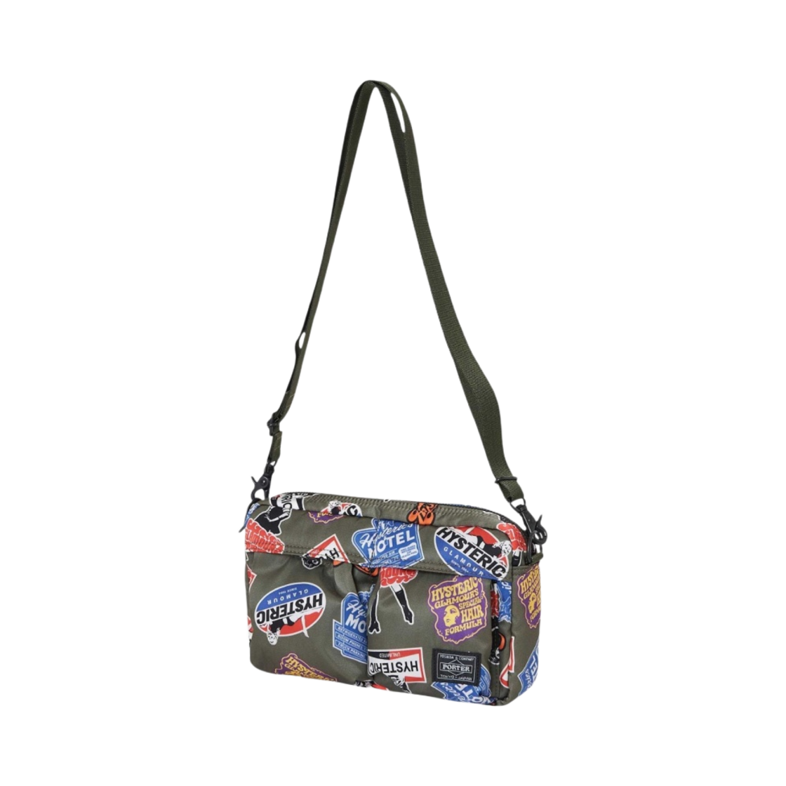 포터 x 히스테릭 글래머 클래식 스티커 패턴 숄더백 카키(Porter x Hysteric Glamour Classic Stickers Pattern Shoulder Bag Khaki)