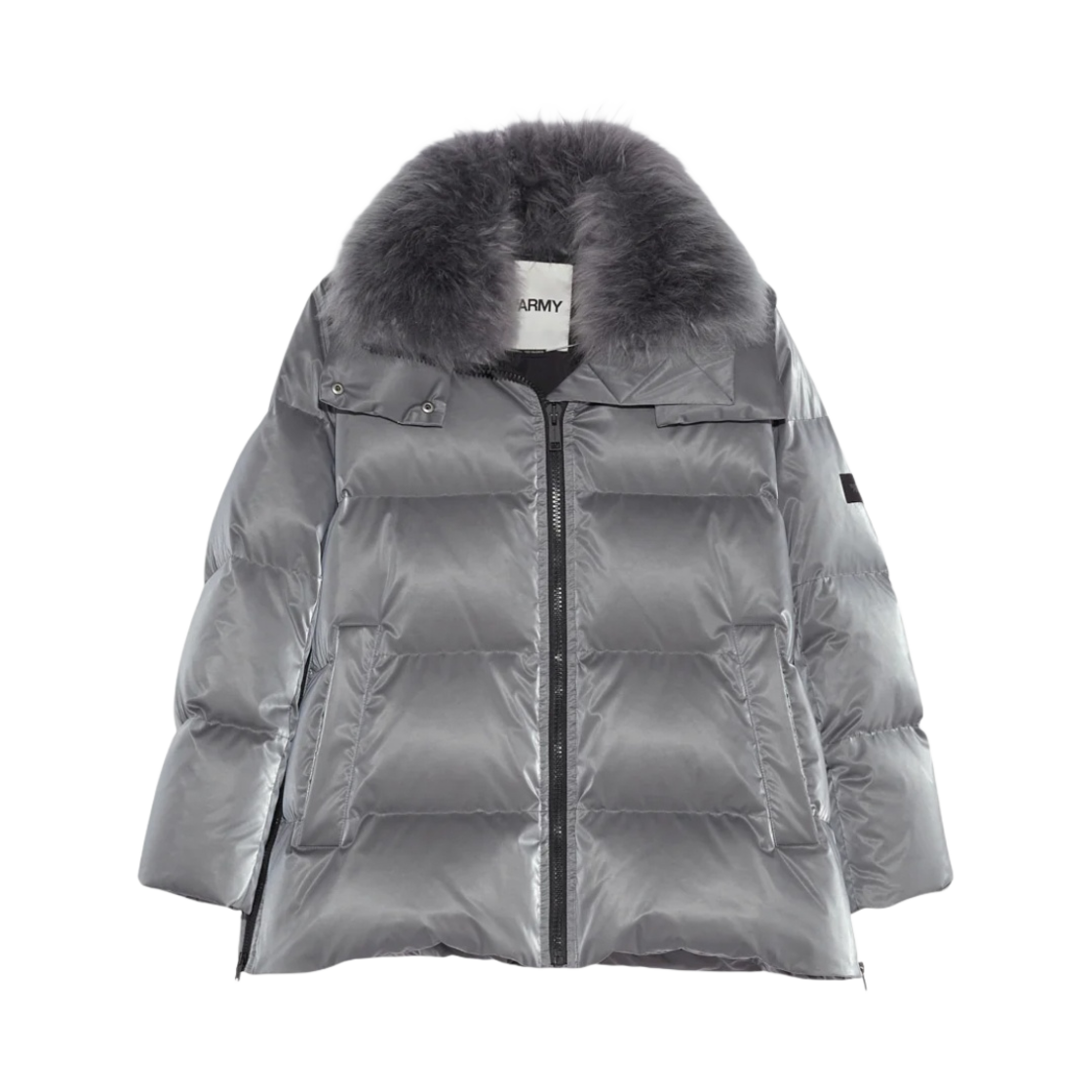 24WFM01576T06GA (W) Yves Salomon Line Down Jacket in Icy Water-Repellent Technical Fabric with Collar Trim in Fluffy Lambswool Grey