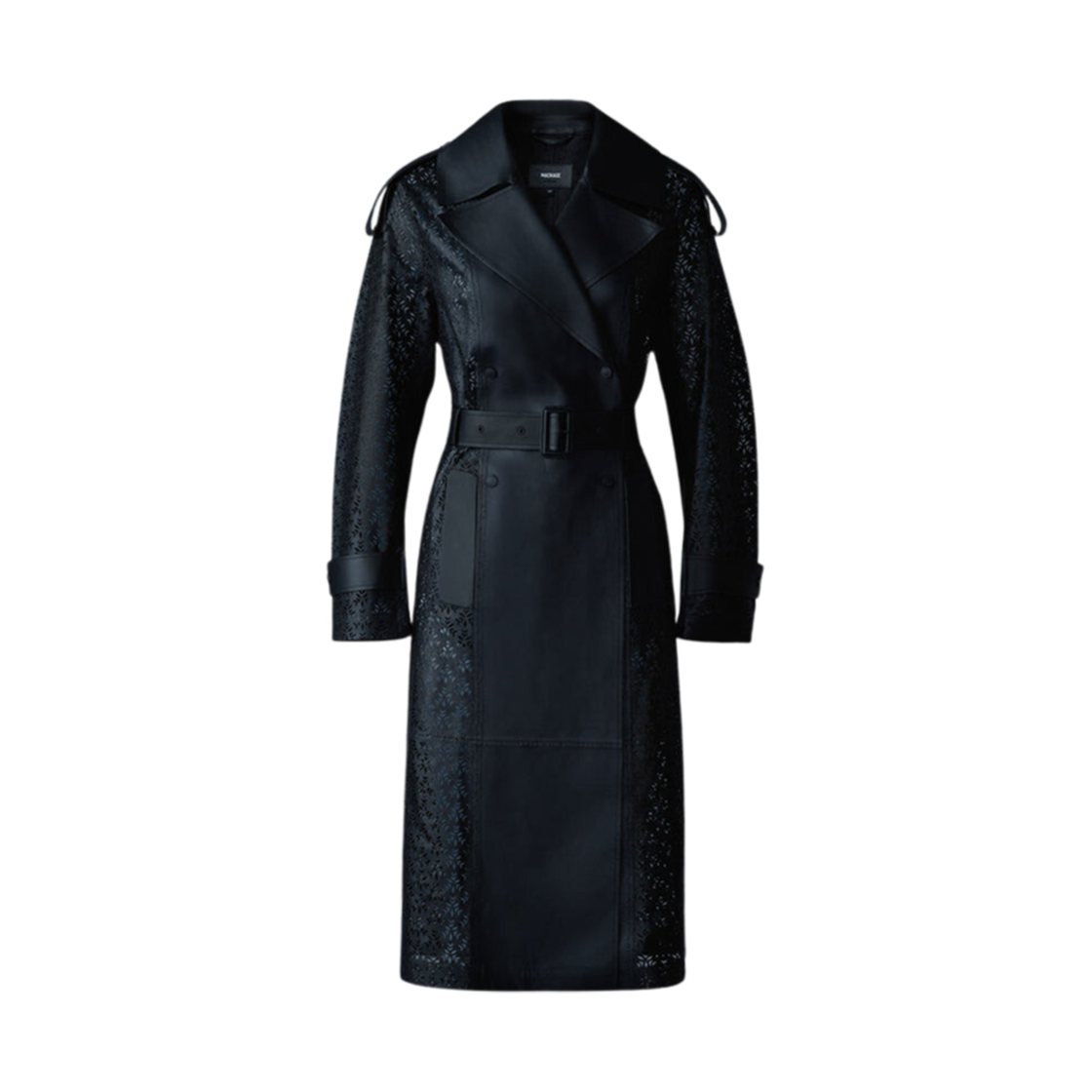 (W) 맥카지 로렐라이 퍼포레이티드 레더 롱 코트 블랙((W) Mackage Lorelei Perforated Leather Long Coat Black) - 1