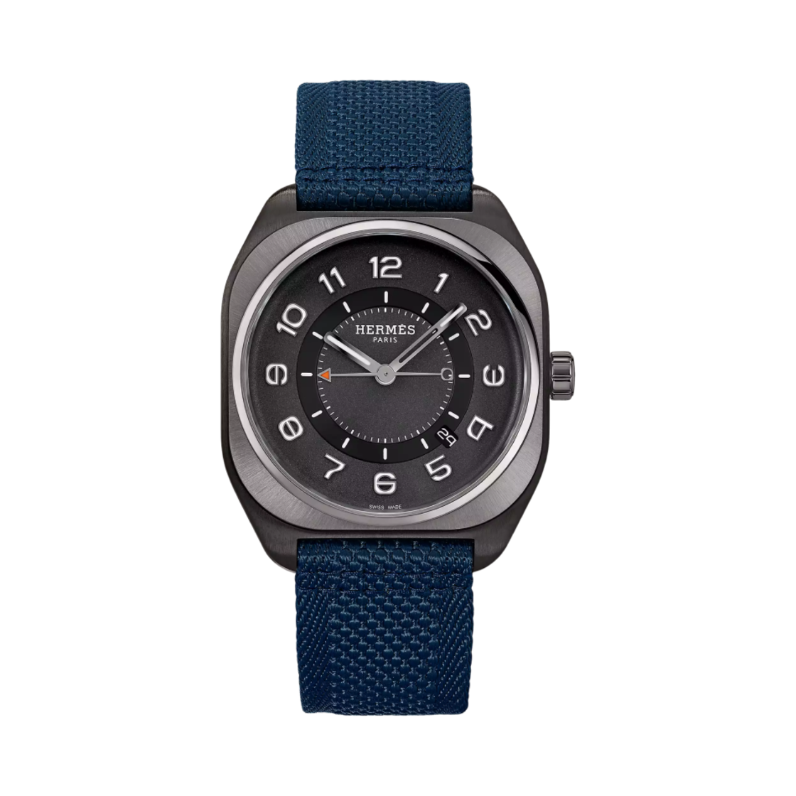 W049432WW00 Hermes H08 Watch Extra Large Bleu Marine Fabric Strap & Black Satin Brushed Titanium Coated with Matte Black DLC