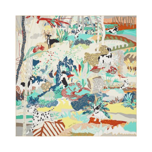 (W) Hermes En Liberte Scarf 90 Ivoire Vert Jaune