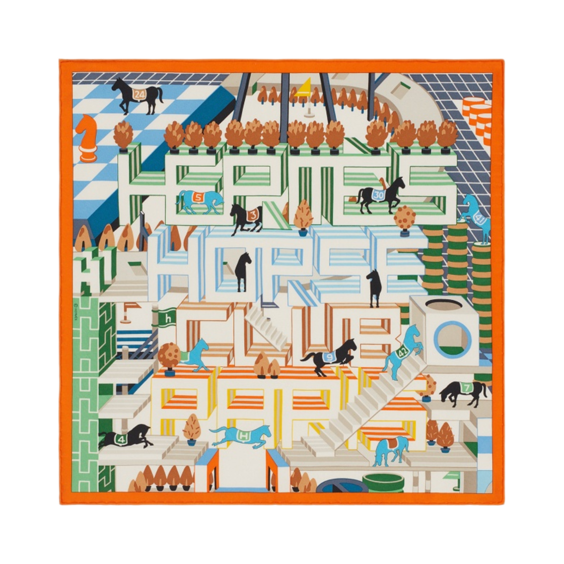 (W) 에르메스 홀스 클럽 디테일 스카프 45 오랑쥬 베르 블루((W) Hermes Horse Club Detail Scarf 45 Orange Vert Bleu) - 1