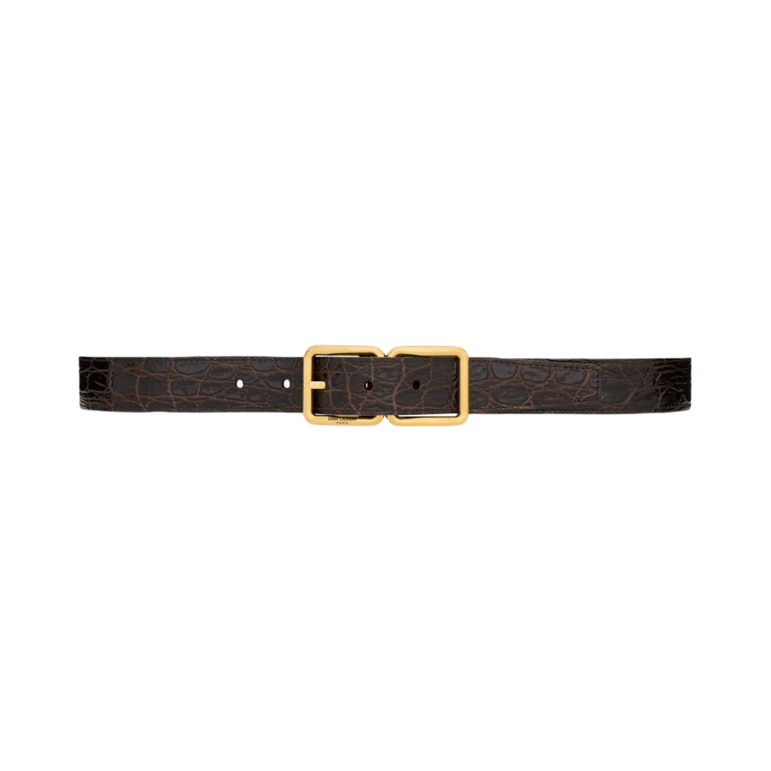 (W) 생로랑 더블 버클 벨트 크로커다일 엠보스 레더 파인 브라운((W) Saint Laurent Double Buckle Belt in Crocodile-Embossed Leather Pine Brown) - 1