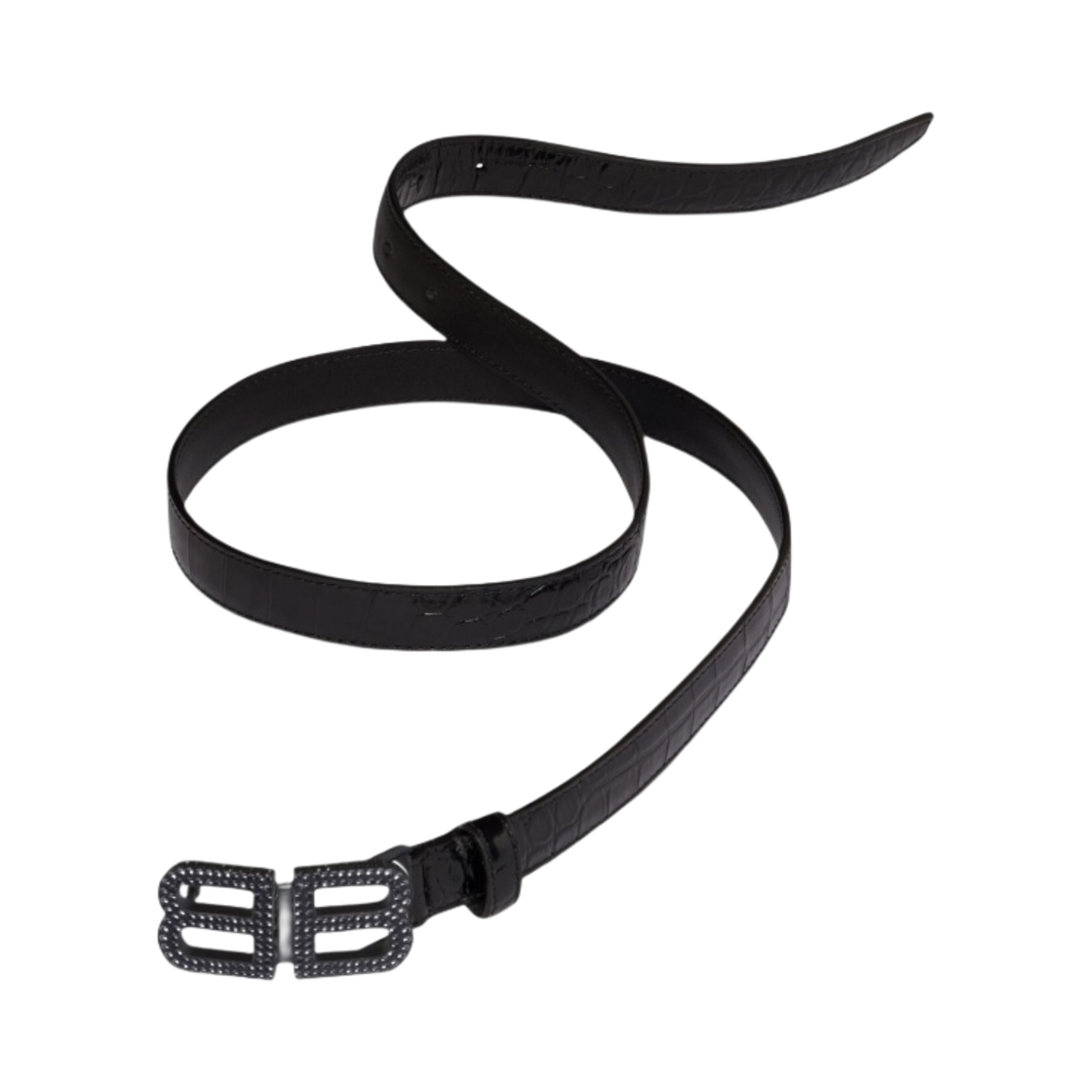 (W) 발렌시아가 BB 아워글래스 씬 벨트 크로커다일 엠보스 라인스톤 블랙((W) Balenciaga BB Hourglass Thin Belt Crocodile Embossed with Rhinestones Black) - 1