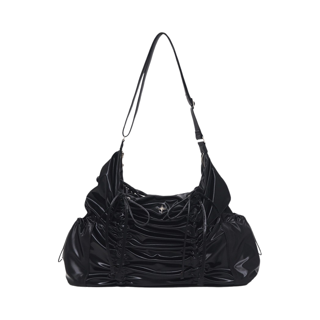 포어필 스트링 리본 라지 호보백 글로시 블랙