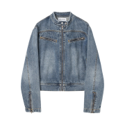 Millo Women Washed Denim Racing Jacket Vintage Blue