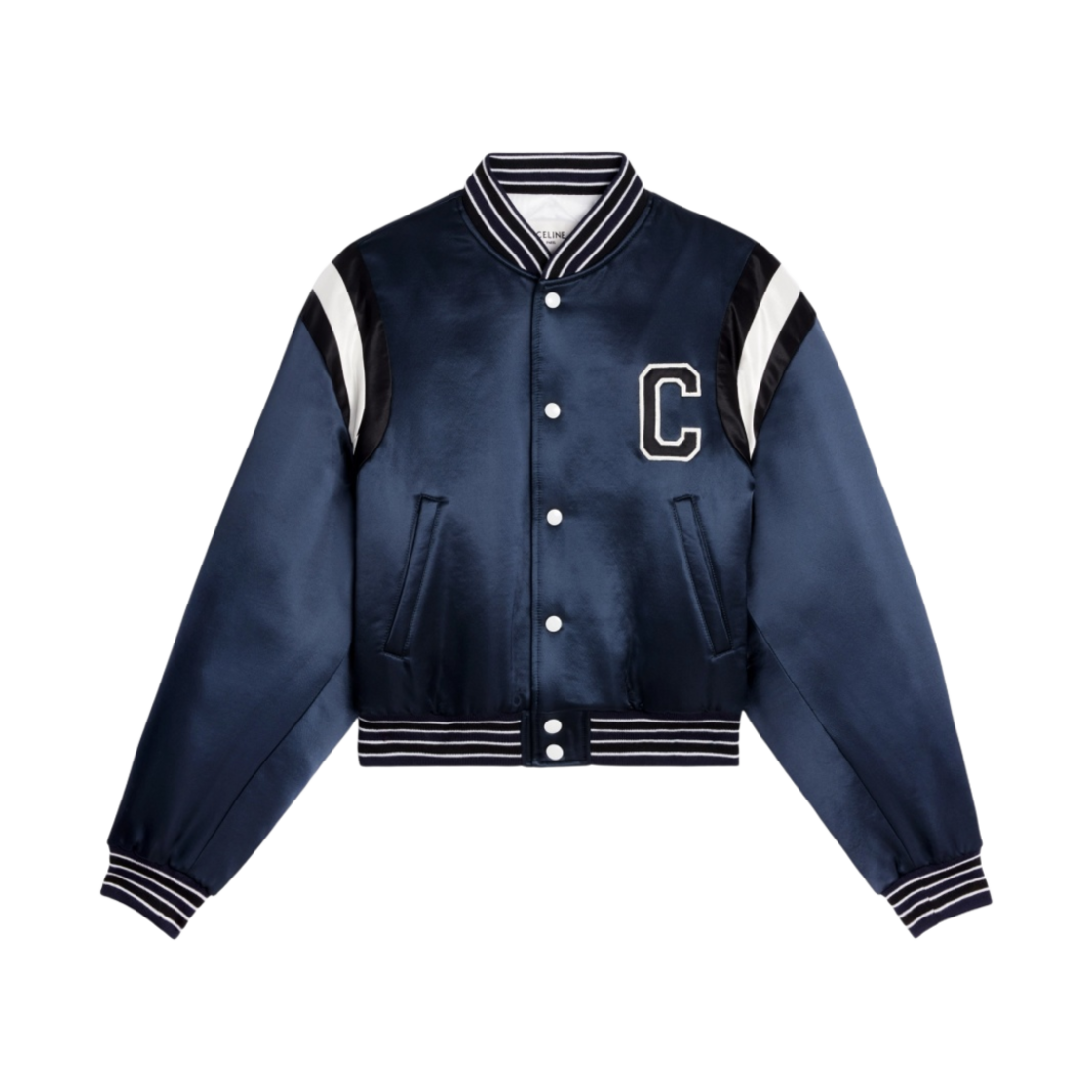 (W) 셀린느 식 사틴 크롭 봄버 자켓 네이비((W) Celine Cropped Bomber Jacket in Thick Satin Navy) - 1