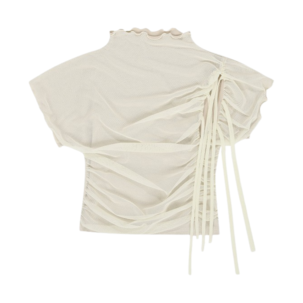 레터리 리본 셔링 메쉬 탑 베이지