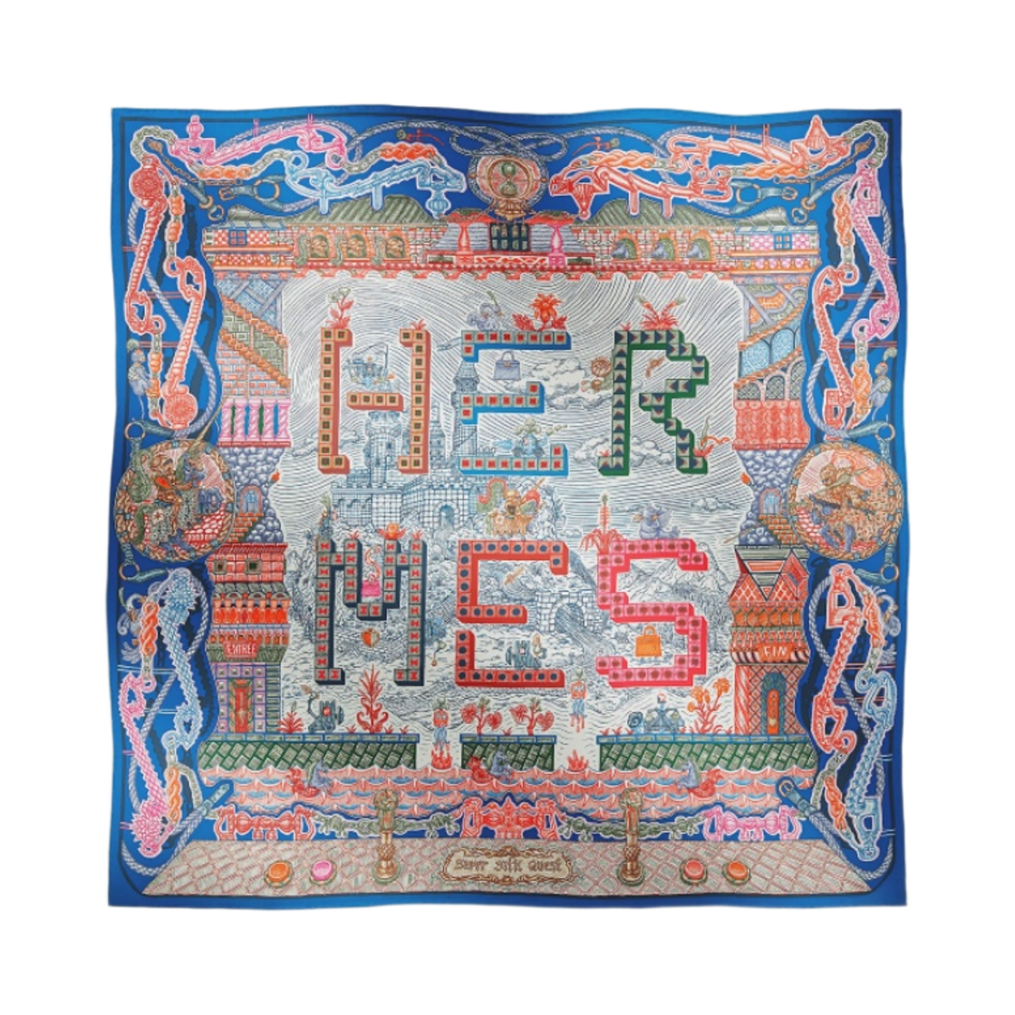 (W) 에르메스 슈퍼 실크 퀘스트 스카프 90 블루 로아얄 로즈 멀티꼴로르