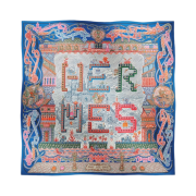 (W) Hermes Super Silk Quest Scarf 90 Bleu Royal Rose Multicolore