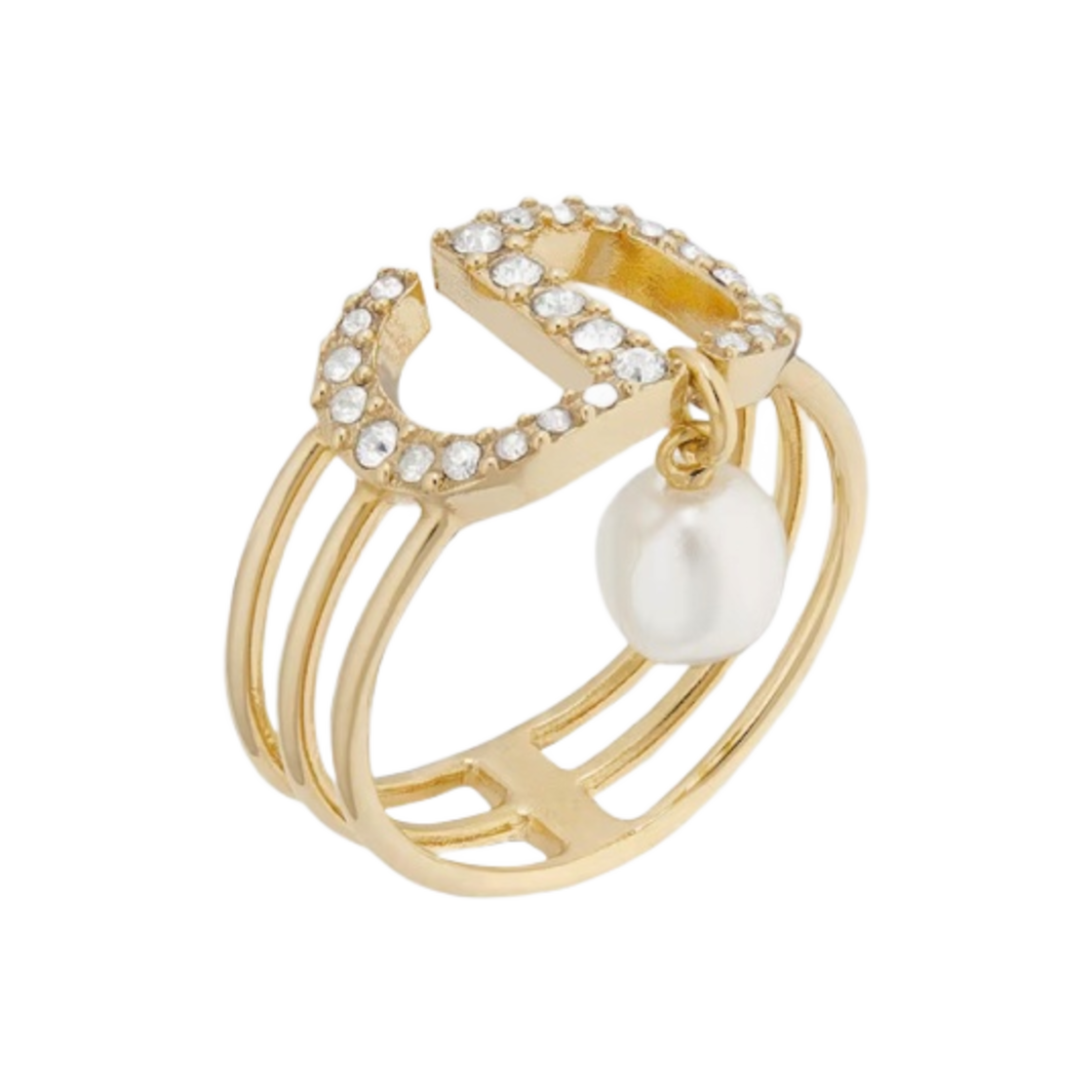 (W) 디올 쁘띠 CD 링 골드 피니쉬 메탈 화이트 크리스탈 A 화이트 레진 펄((W) Dior Petit CD Ring Gold Finish Metal White Crystals a White Resin Pearl) - 1