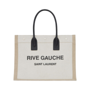 Saint Laurent Rive Gauche Small Tote Bag in Linen and Leather Grege Black Natural Black