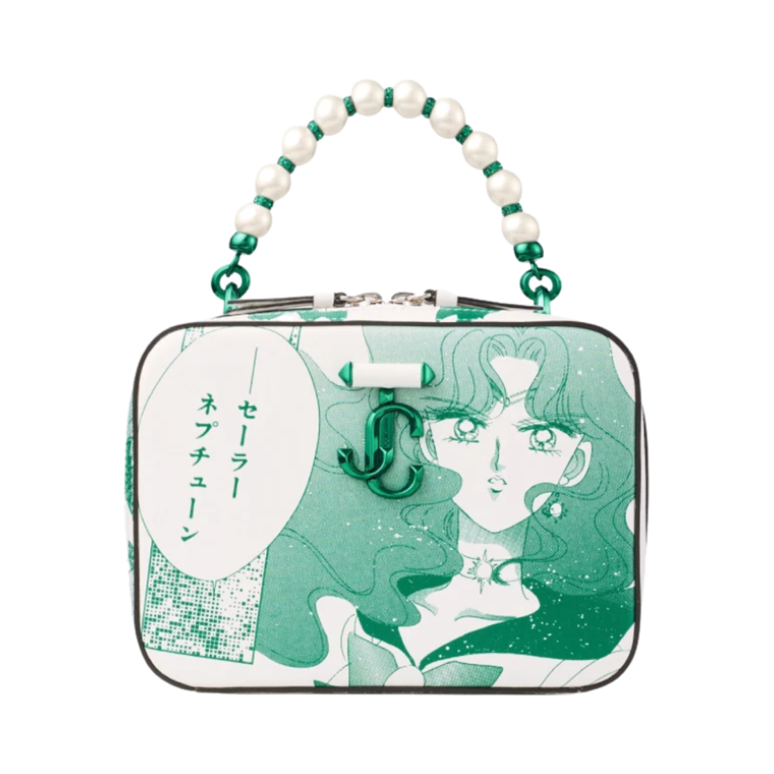 지미추 x 미소녀 전사 세일러문 세일러 넵튠 애비뉴 베니티 백 에메랄드 그린 화이트(Jimmy Choo x Pretty Guardian Sailor Moon Sailor Neptune Avenue Vanity Bag Emerald Green White)