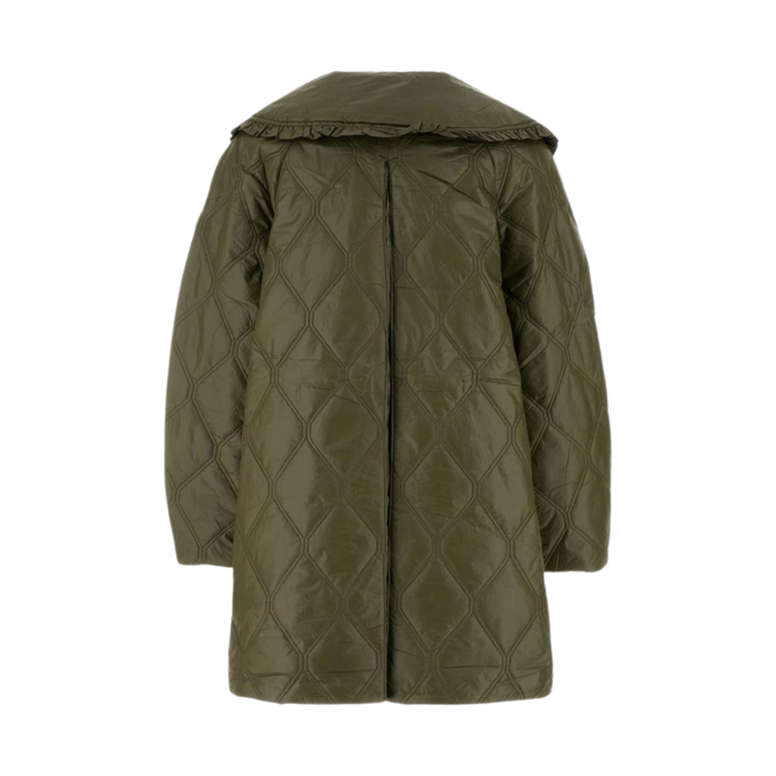 (W) 가니 러플 칼라 샤이니 퀼트 미디 자켓 아미 그린((W) Ganni Ruffle Collar Shiny Quilt Midi Jacket Army Green) - 2
