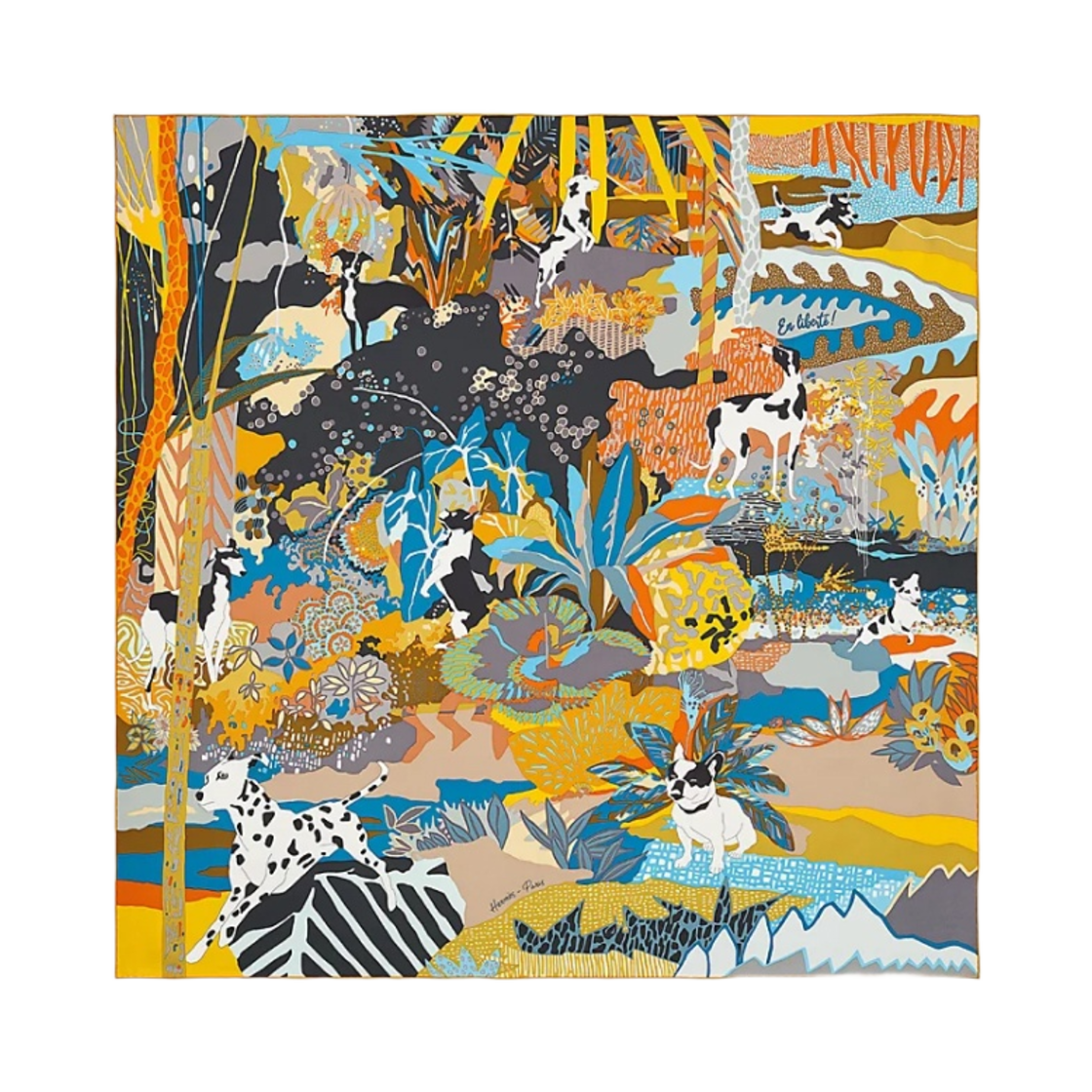 H003911S08 (W) Hermes En Liberte Scarf 90 Noir Miel Bleu - 대표 이미지 #1