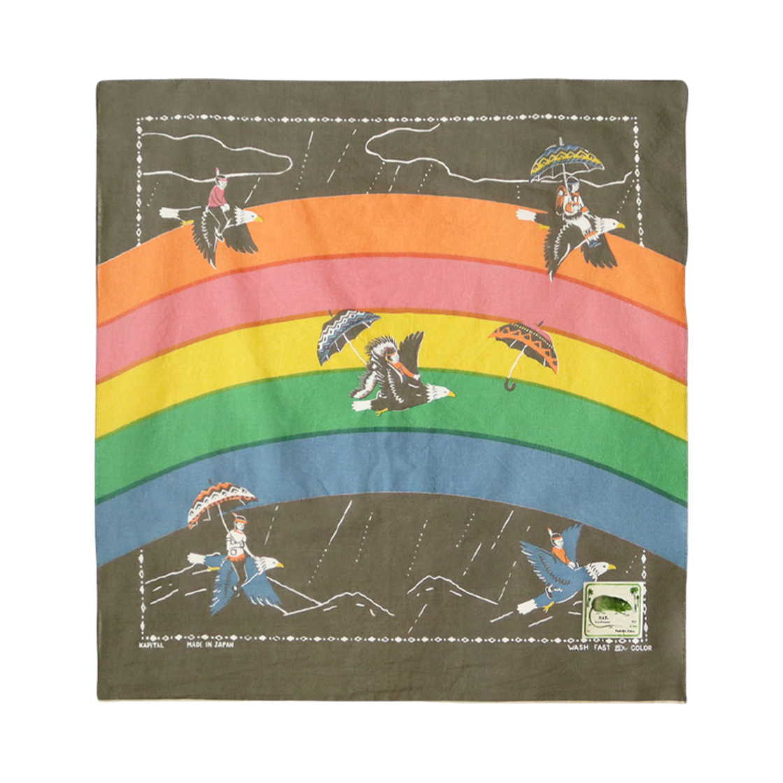 EK-1795 Kapital Fastcolor Selvedge Bandana Rainbow & Birds Khaki