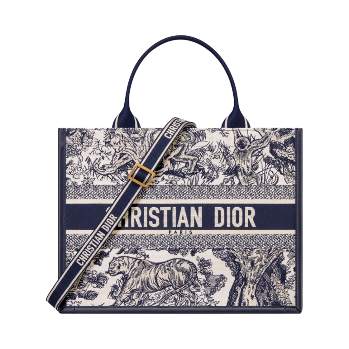 디올 북 토트 미디움 백 트왈 드 주이 소바쥬 자수 화이트 네이비 블루(Dior Book Tote Medium Bag Toile De Jouy Sauvage Embroidered White Navy Blue)