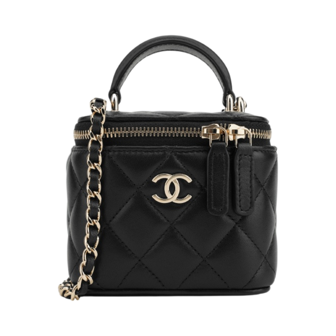 샤넬 스몰 체인 코스메틱 케이스 램스킨 & 골드 메탈 블랙 (내부 거울 포함)(Chanel Small Vanity With Chain Lambskin & Gold Black (Inside Mirror))