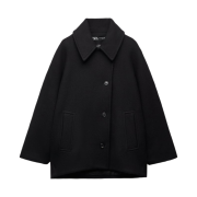 (W) Zara ZW Wool Cropped Manteco Coat Black