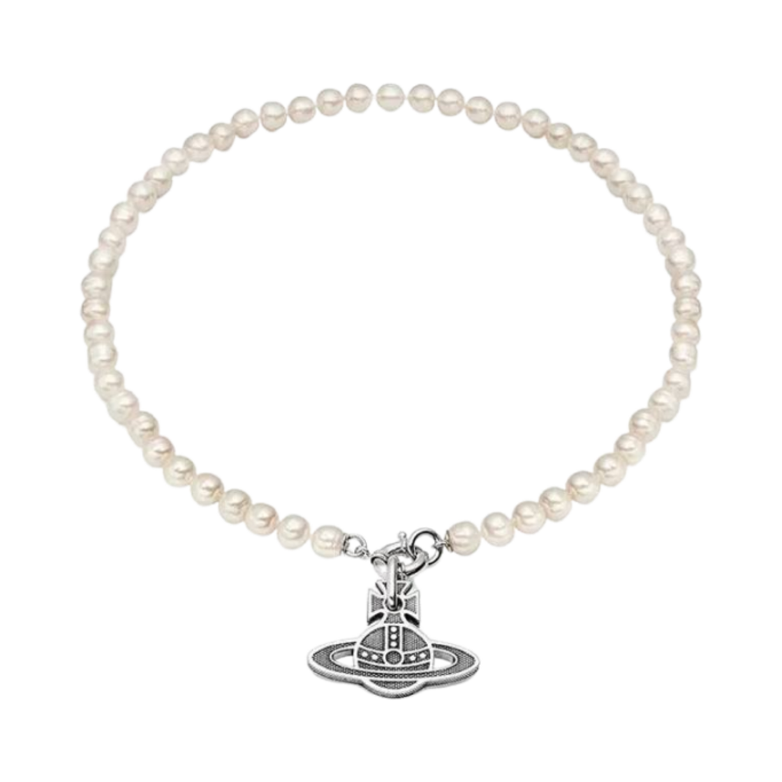 6301010X-02P235 Vivienne Westwood Hilaro Logo Charm Pearl Necklace Silver