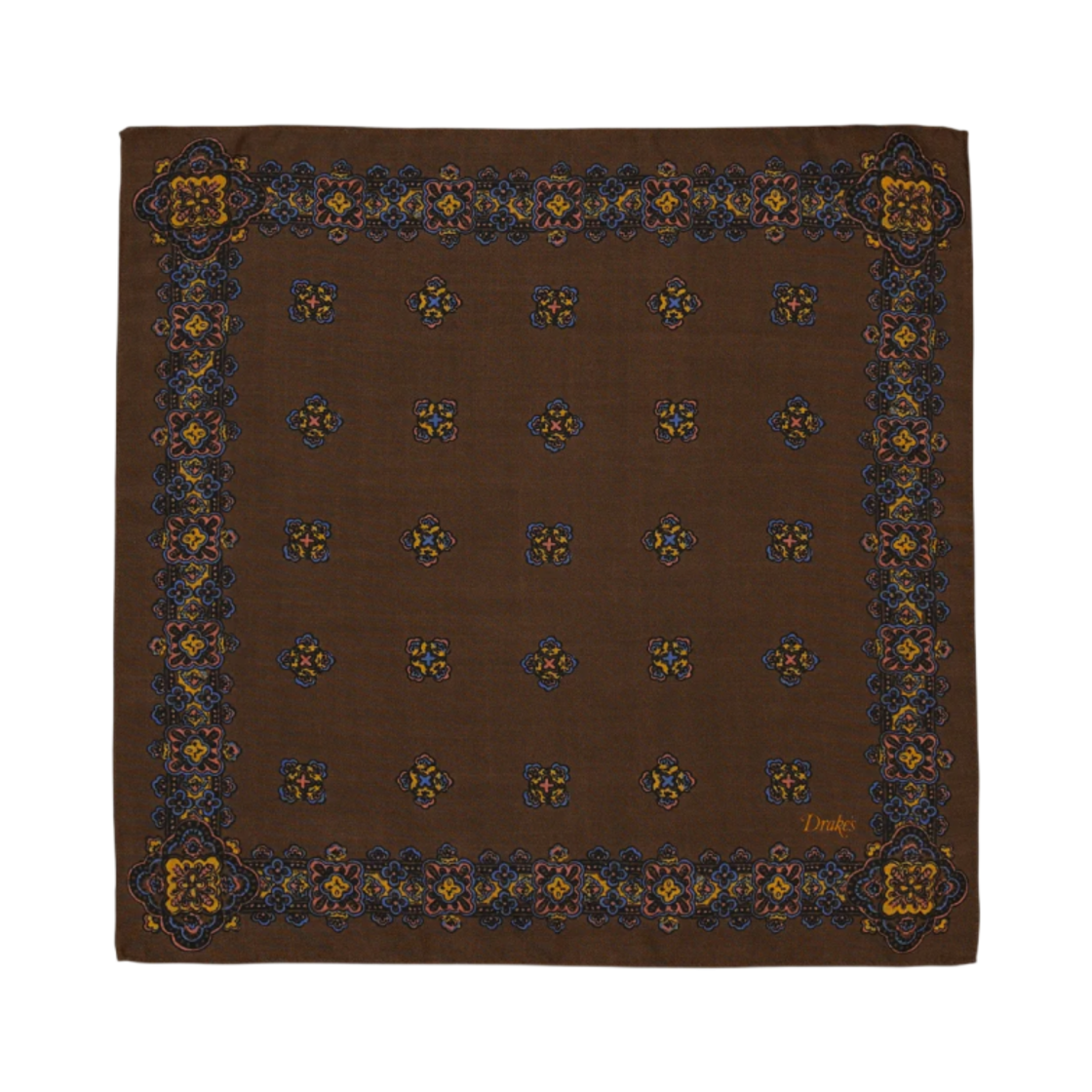 DR1AE0-24682-01-301 Drake's Medallion Print Wool Silk Pocket Square Brown