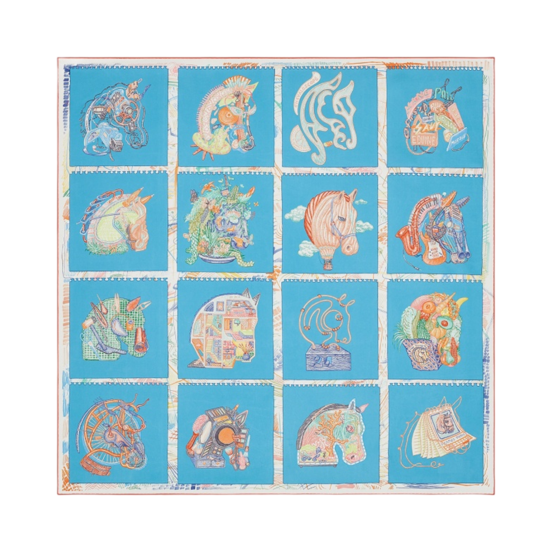 (W) 에르메스 체바로스코프 스카프 90 블루 오랑쥬 멀티꼴로르((W) Hermes Chevaloscope Scarf 90 Bleu Orange Multicolore) - 1