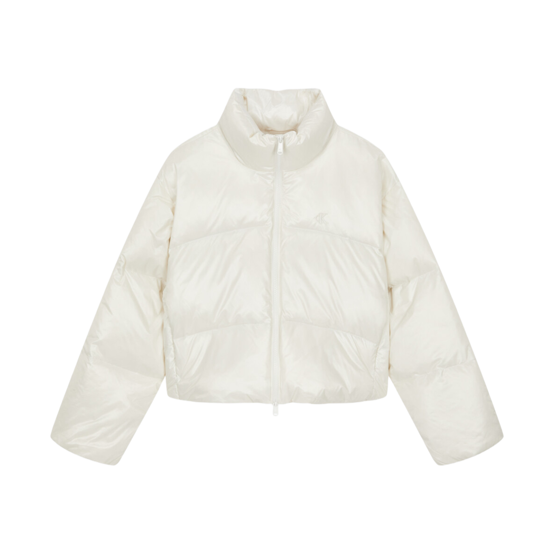 (W) 캘빈 클라인 크롭 글로시 커브드 퀼팅 다운 푸퍼 화이트((W) Calvin Klein Cropped Glossy Curved Quilted Down Puffer White)