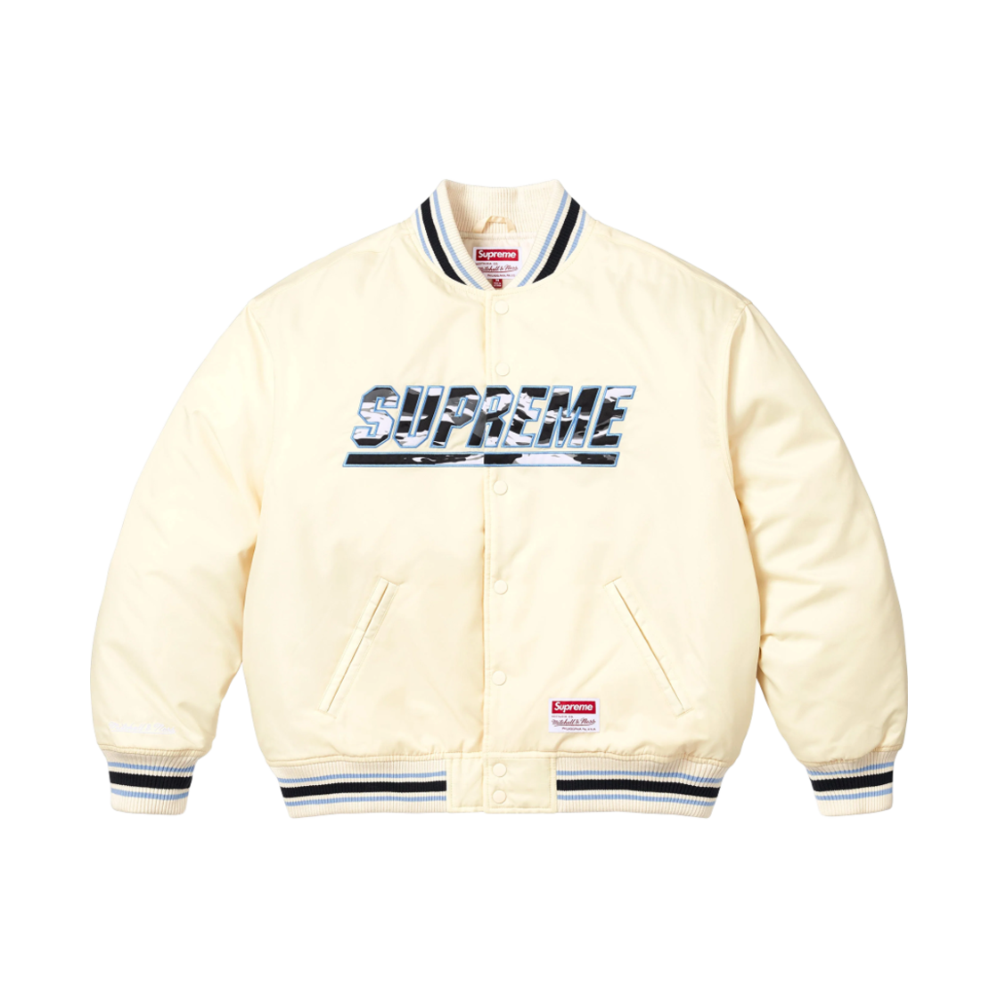 슈프림 미첼 & 네스 카모 로고 바시티 자켓 화이트 - 25SS(Supreme Mitchell & Ness Camo Logo Varsity Jacket White - 25SS)
