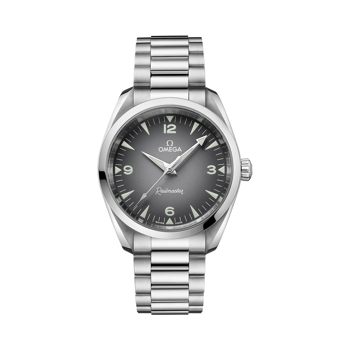 오메가 씨마스터 레일마스터 150M 코 액시얼 마스터 크로노미터 크로노그래프 스틸 그레이 (투명 케이스백 버전)(Omega Seamaster Railmaster 150M Co Axial Master Chronometer Chronograph Steel Grey (Transparent Caseback Ver.))