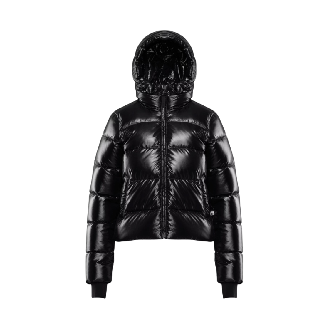 111496 (W) Aritzia The Super Mini Puff Hoody Hi Gloss Mini Goose Down Puffer Hoody Jacket Black