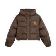(W) Celine Cropped Triomphe Down Jacket in Lightweight Nylon Chocolate