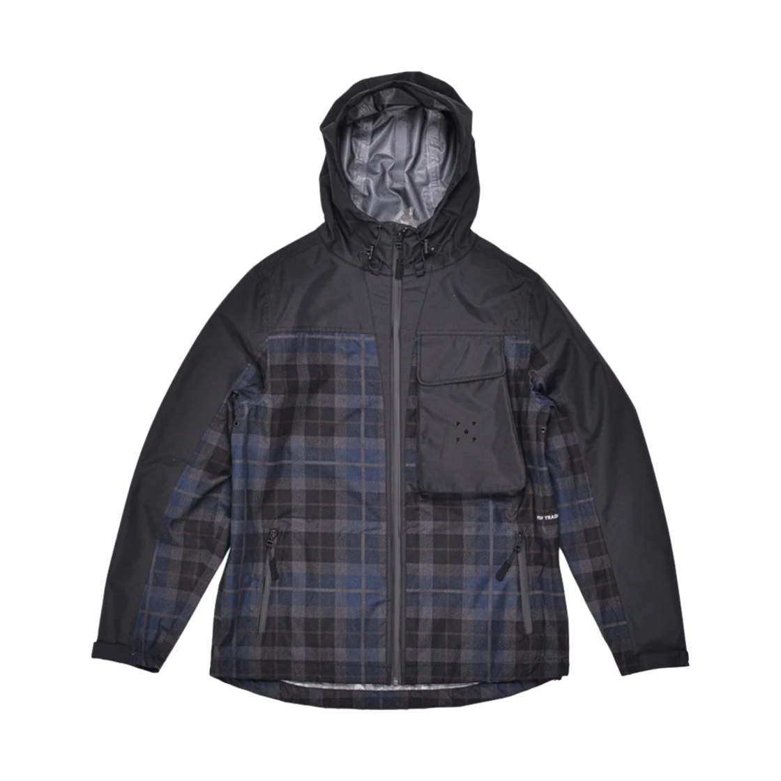 KM4BOTBPO01BK Pop Trading Company Big Pocket Hooded Jacket Black Navy Check
