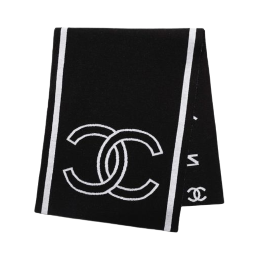 (W) Chanel Scarf Wool Mixed Fibres & Black White
