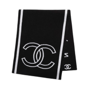 (W) Chanel Muffler Wool Mixed Fibres & Black White