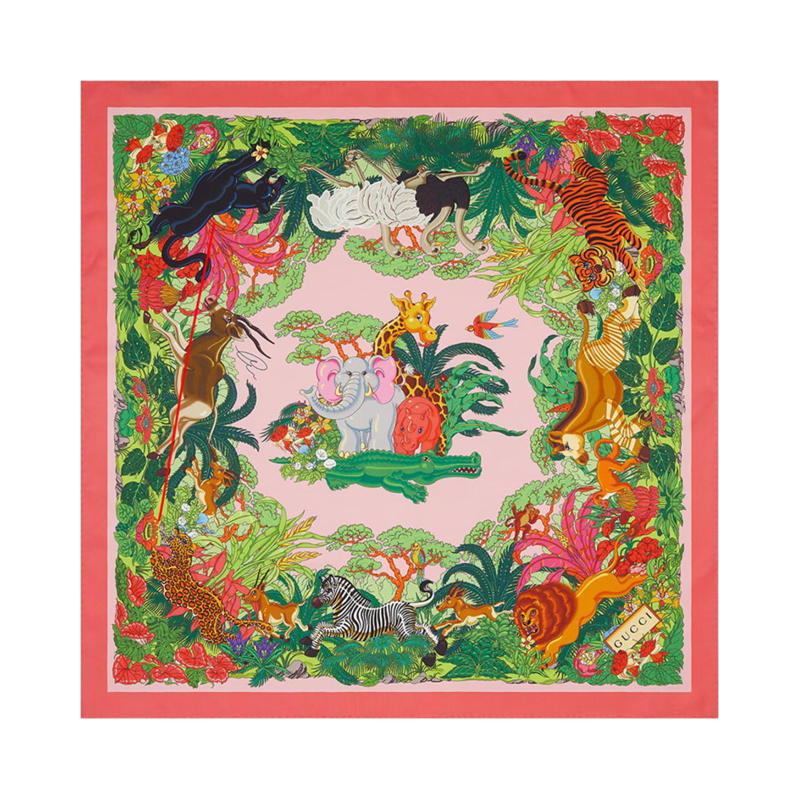 (W) 구찌 프로젝트 프린티드 실크 스카프 핑크 멀티컬러((W) Gucci Project Printed Silk Scarf Pink Multicolour) - 1